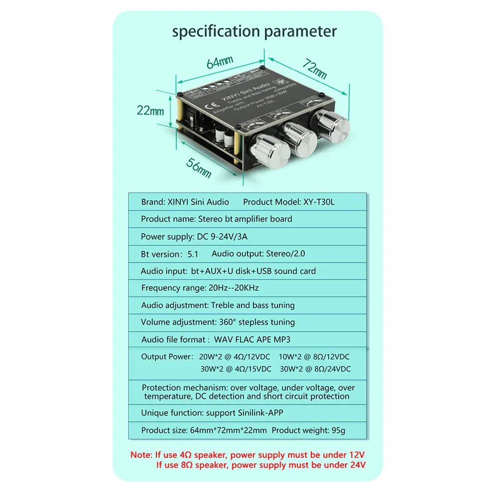 XY-T30L Bluetooth 5.1 Digital Power Amplifier Board Module 2.0 Stereo Dual Channel 30W*2 with High Bass Adjustments APP Control