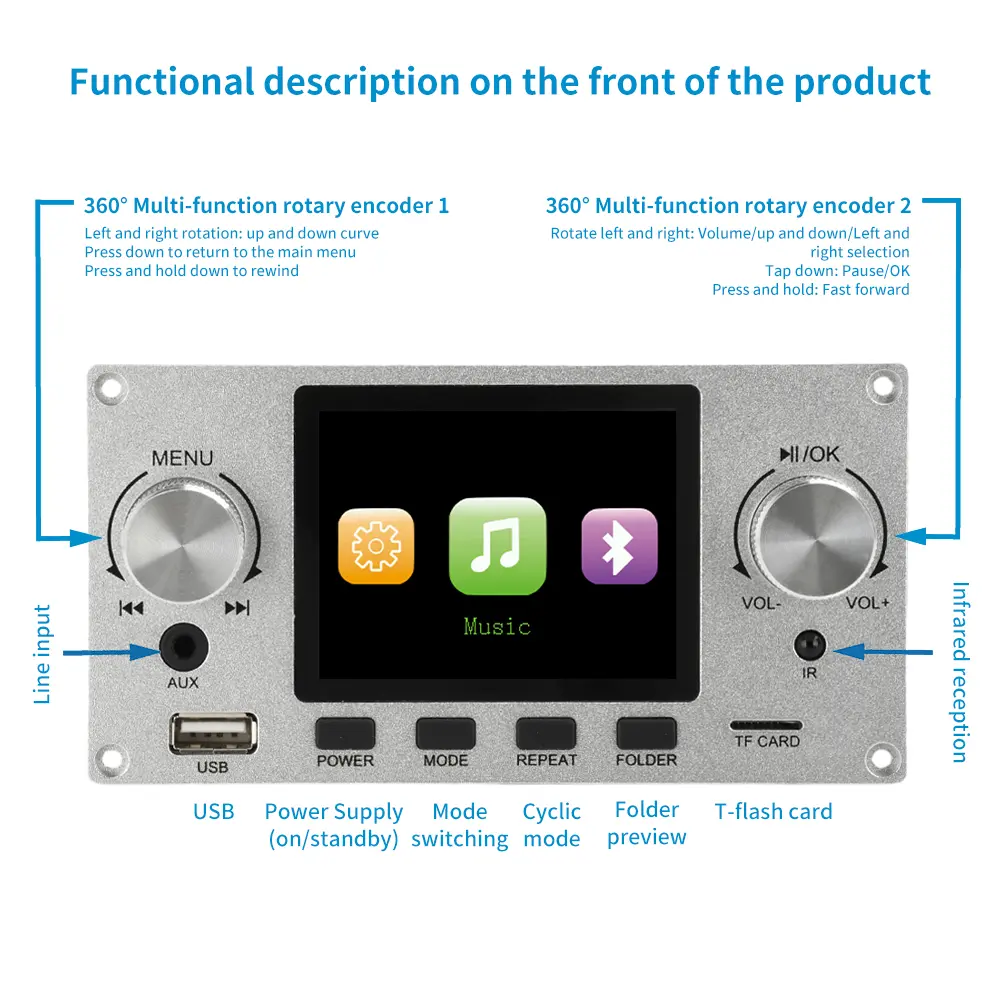 Bluetooth MP3 Decoder Board 2.8-inch TFT Color Screen Lossless Audio Decoding Module DIY MP3 Player Car FM Radio Module TF USB