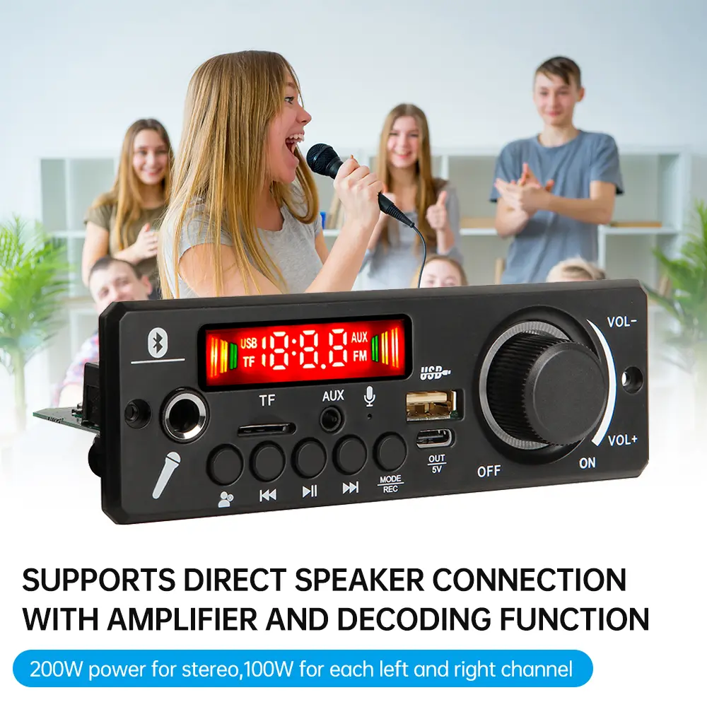2*100W Amplifier Bluetooth MP3/USB/TF/LINE IN/FM Decoder Board DC 8-26V Wireless Car USB MP3 Player with Mic Calling Recording
