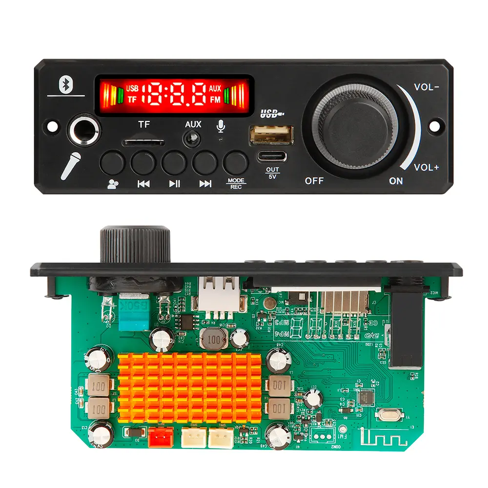 2*100W Amplifier Bluetooth MP3/USB/TF/LINE IN/FM Decoder Board DC 8-26V Wireless Car USB MP3 Player with Mic Calling Recording