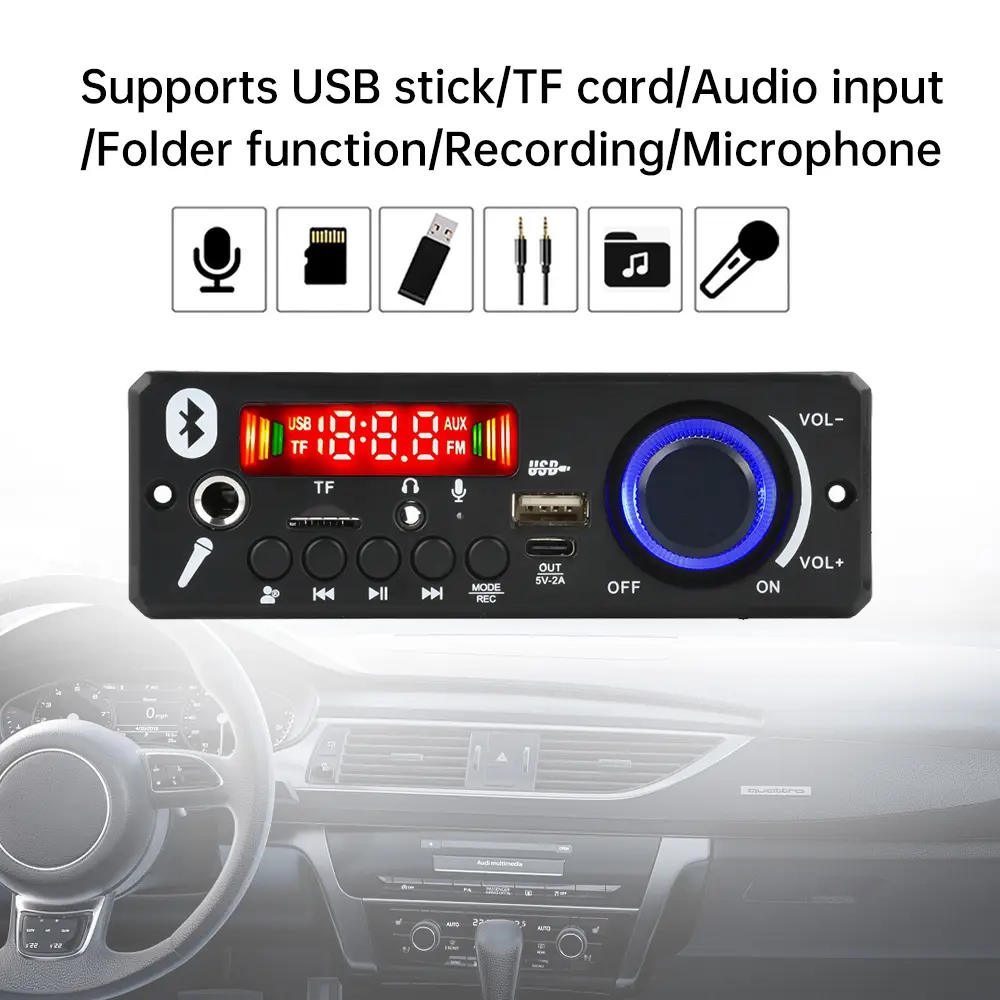 2*80W 160W Amplifier Bluetooth MP3 Decoder Board DC 12V MP3 Player Car FM Radio Module TF USB Microphone Record Handsfree Call