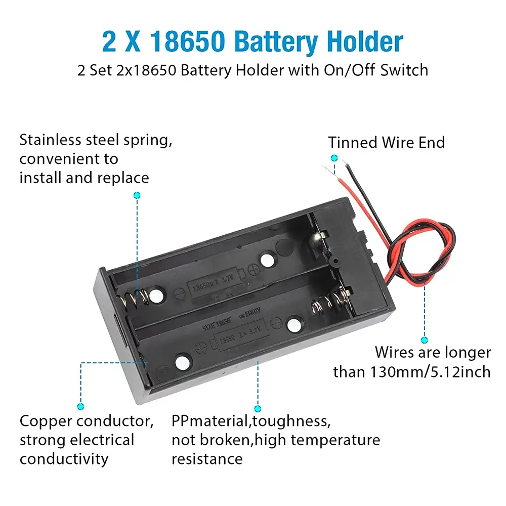 2PCS 2 Slots 18650 Battery Storage Case 2x18650 Batteries Holder Box Container With  ON/OFF Switch 3.7V ABS DIY
