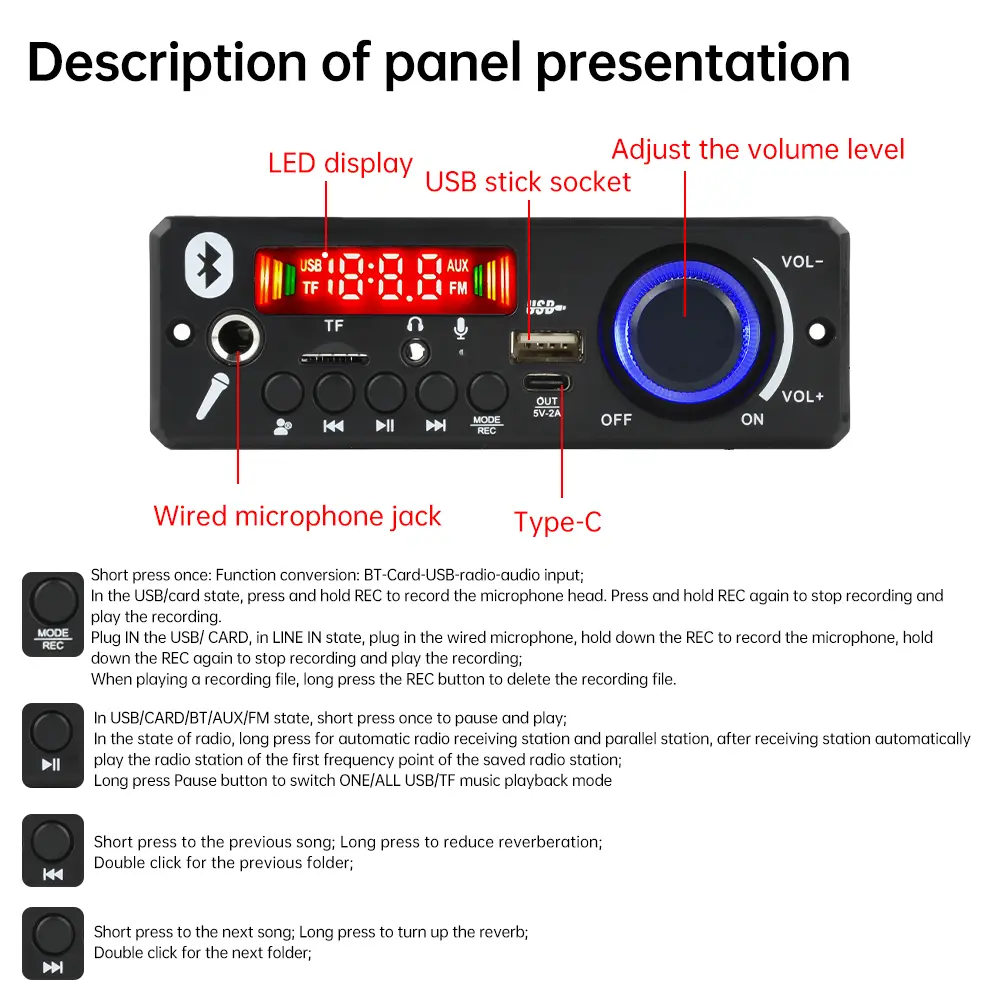 2*80W 160W Amplifier Bluetooth MP3 Decoder Board DC 12V MP3 Player Car FM Radio Module TF USB Microphone Record Handsfree Call