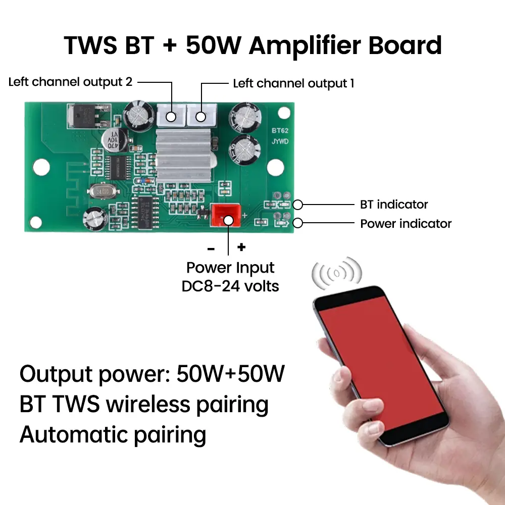 50W+50W Sound Power Amplifier Board TWS Bluetooth 5.0 DC 8-24V Wireless Stereo Audio Amplifier Amp Module For Speaker Subwoofer
