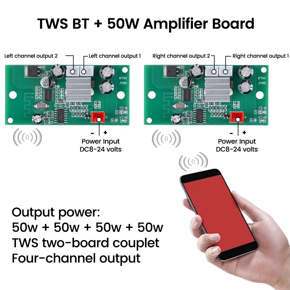 50W+50W Sound Power Amplifier Board TWS Bluetooth 5.0 DC 8-24V Wireless Stereo Audio Amplifier Amp Module For Speaker Subwoofer