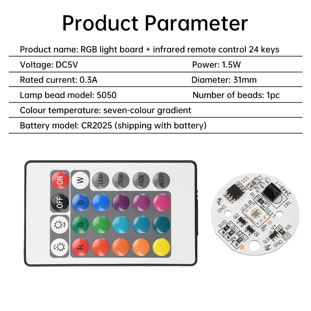 DC 5V Colorful RGB LED Light Board Color RGB Lights Plate 24-Key Wireless Remote Control Switch 1.5W Colorful Gradient Source
