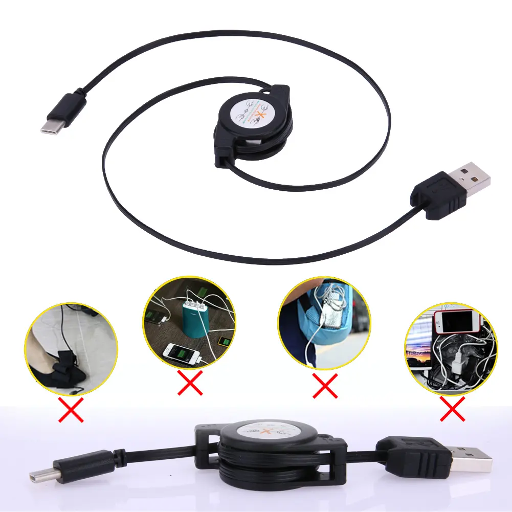 Type C USB 3.1 Retractable Cable Black USB3.1 Type C Data Sync Charger Cable Accessories for Huawei P9 Honor 8 Mate 9