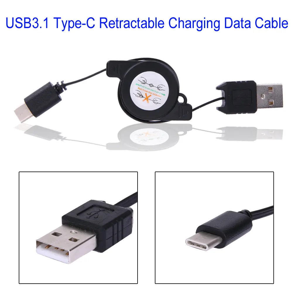 Type C USB 3.1 Retractable Cable Black USB3.1 Type C Data Sync Charger Cable Accessories for Huawei P9 Honor 8 Mate 9