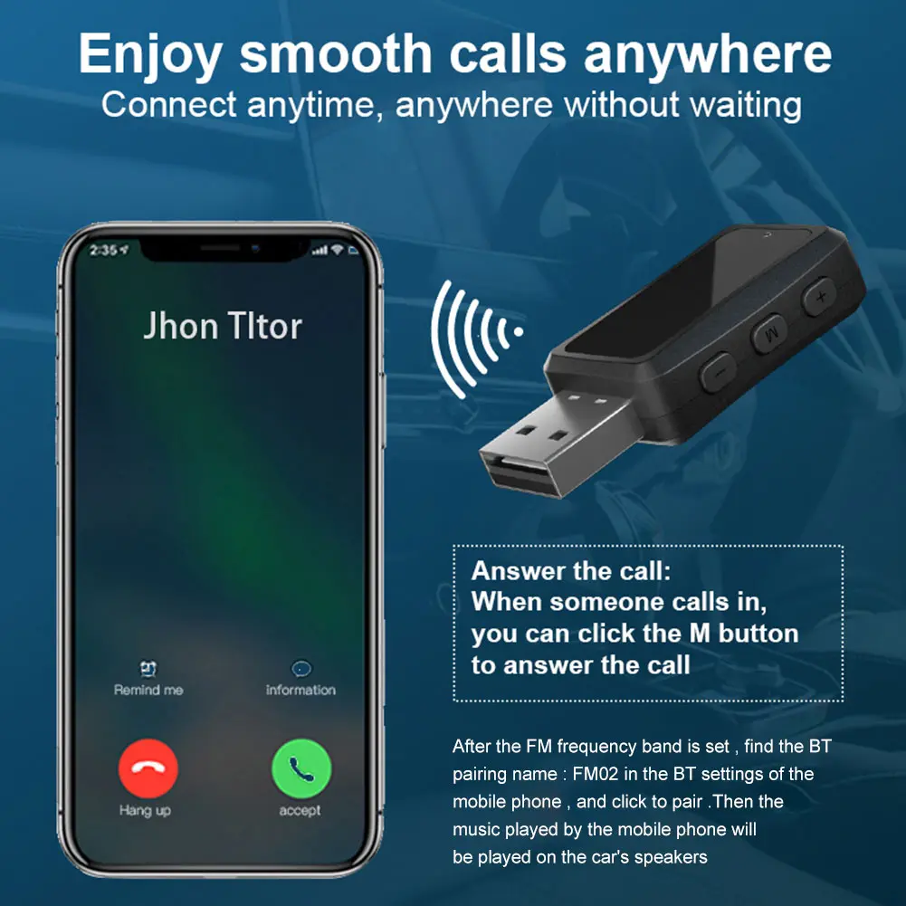 FM02 USB Wireless Receiver Transmitter Dongle Handsfree Call Wireless Audio Receiver Bluetooth-Compatible for Car FM Radio