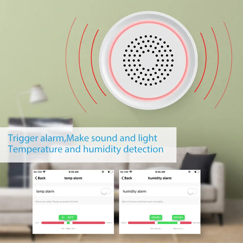 USB Smart Sensor Siren Tuyasmart Humidity Sensor Alarm App Remote Control Button Battery Powered Home Security Protection System