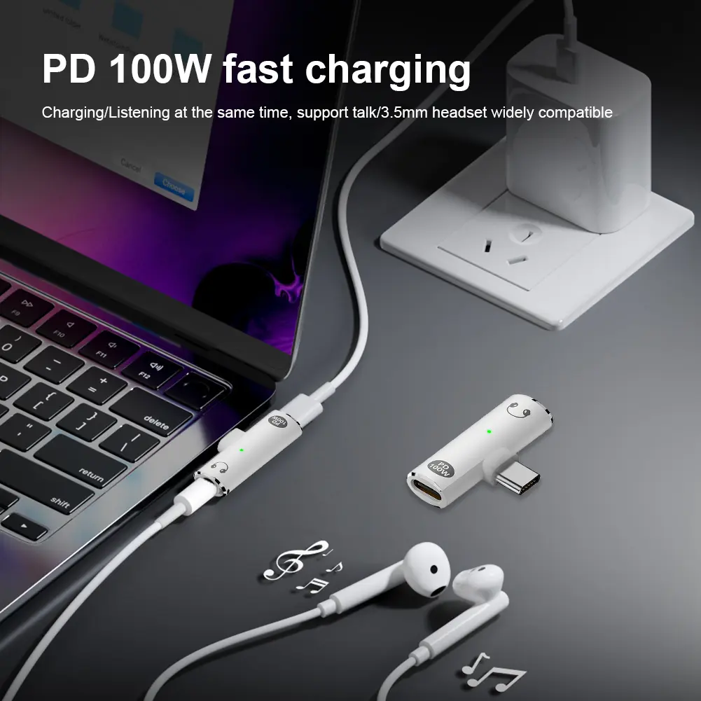 2 in 1 USB Type C To 3.5mm Headphone and Charger Adapter PD 100W Audio Aux Adapter with Aux Audio Jack USB C To Type-C Converter