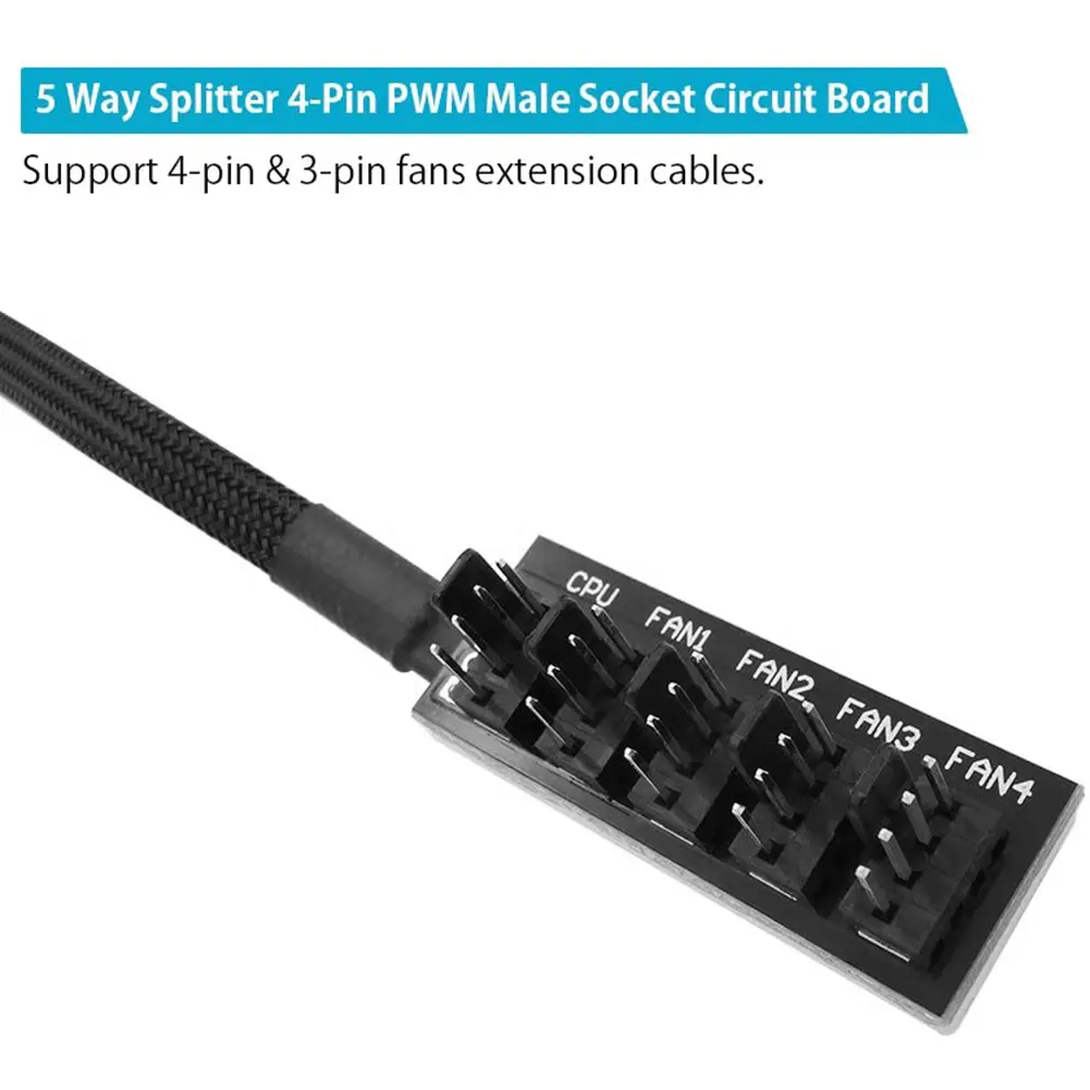 1 to 5 Way 4-Pin PWM CPU Cooler Fan PC Case Fan Sleeved Power Cable Hub Splitter