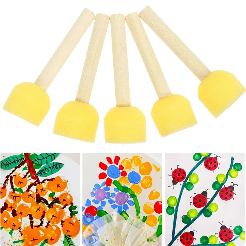 5Pcs Sponge Stamps Sponge Stencil Brush Round Sponge Foam Brushes Multifunctional Wooden Handle Painting Brushes for Adults