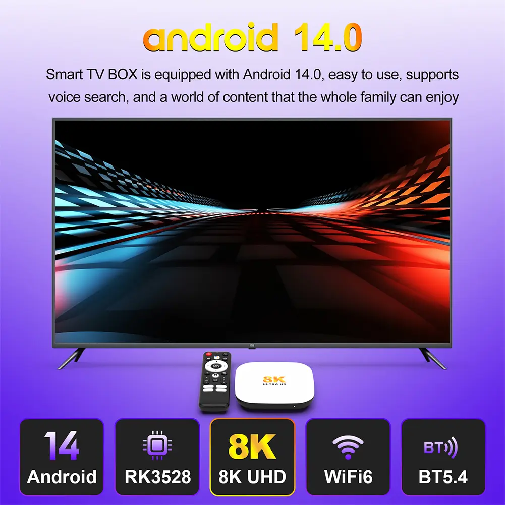 Android 14 Smart TV Box Wifi6 BT5.4 Media Player 8K Set Top Box with Remote Android Box