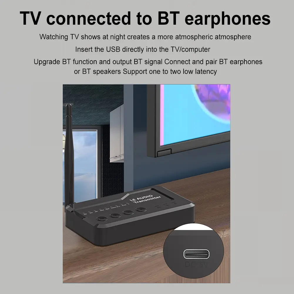 LE Wireless Audio Music Transmitter Adapter with USB/AUX/Opt/Coax Bluetooth-Compatible 5.3 Home Stereo Audio Transmitter Adapter
