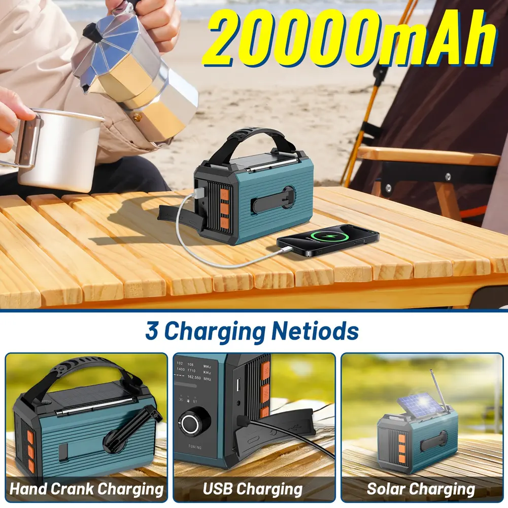 20000mAh Solar Emergency Weather Radio Flashlight & Reading Light AM FM NOAA Compass Cell Phone Charger for Home and Emergency