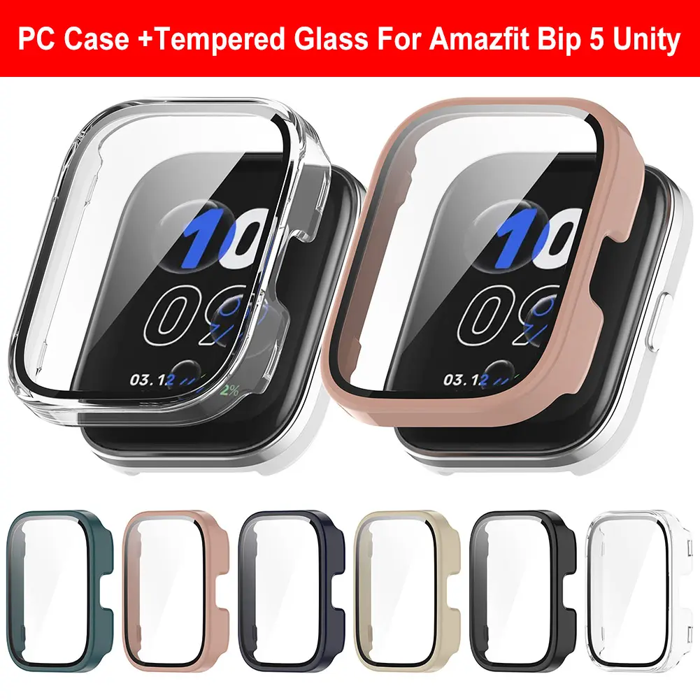 Glass Case All-around Protective Cover Screen Protector Hard PC Bumper & Tempered Glass Film for Amazfit Bip 5 Unity Accessories