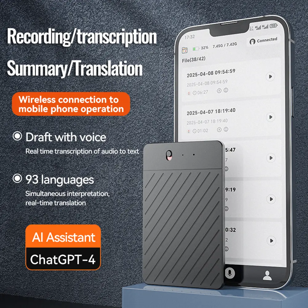 Real-Time Transcription Tool 59 Languages Digital Recording Device LED Indicator App Controll Note Voice Recorder for Office Use