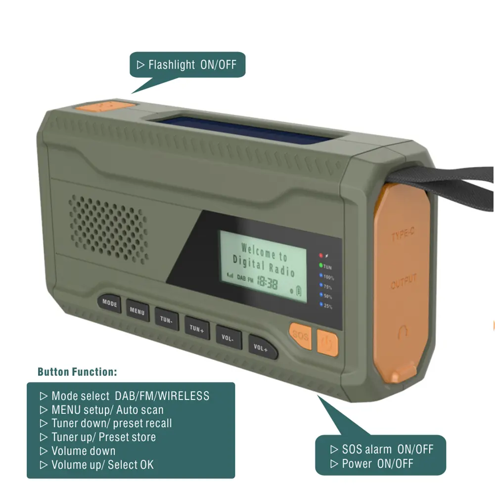 Portable DAB FM Radio with Flashlight BT Speaker Emergency Radio Emergency Weather Radio for Emergency Camping Storm Survival