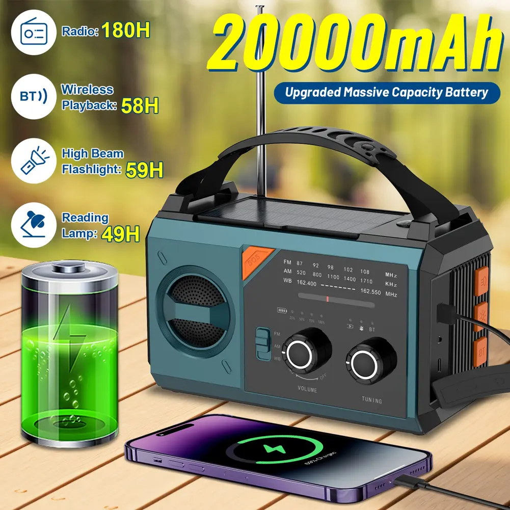 20000mAh Solar Weather Alert Radio Hand Crank Flashlight & Reading Light AM FM NOAA Emergency Crank Weather Radio for Emergency