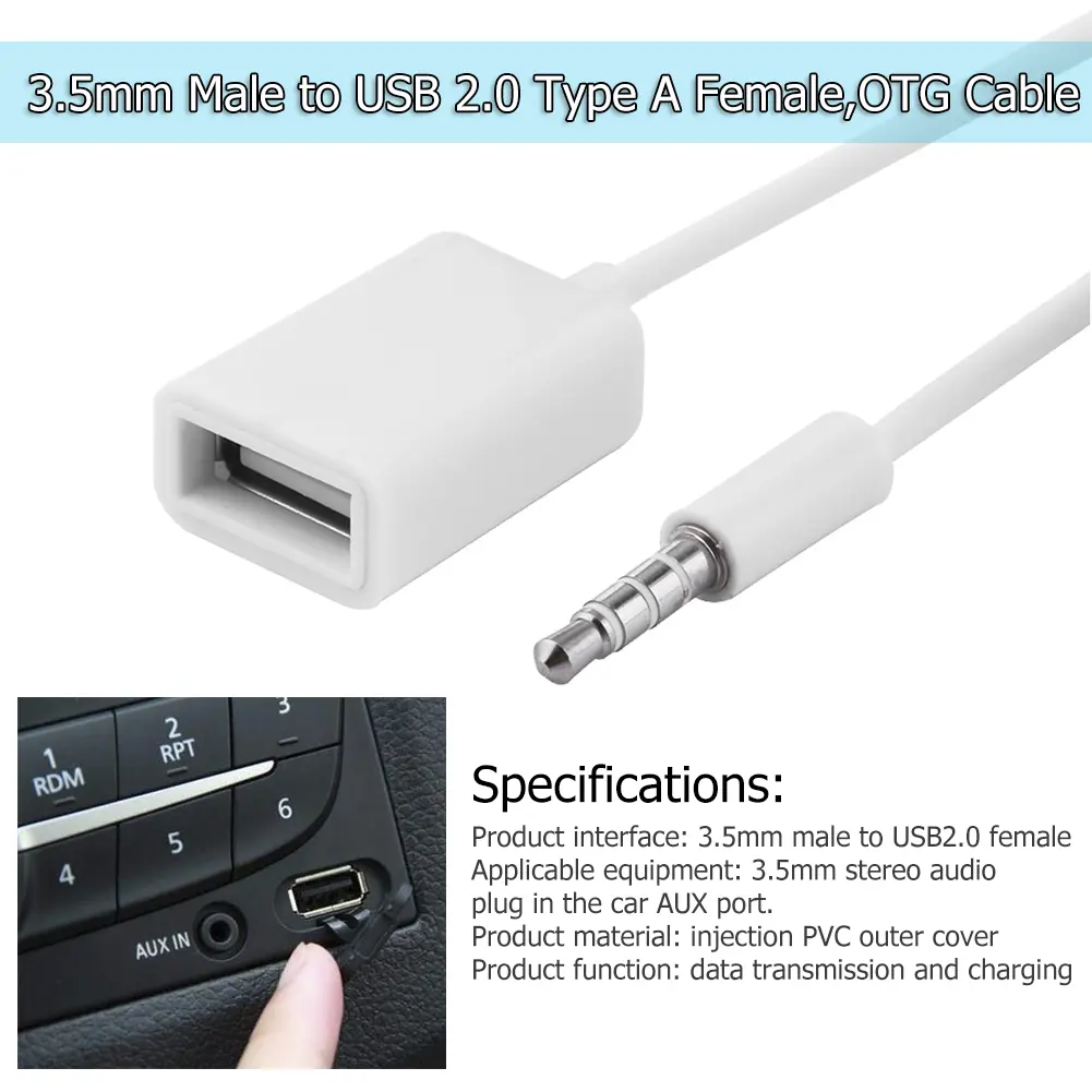 3.5mm Male Audio AUX Jack to USB 2.0 Type A Female OTG Converter Cable