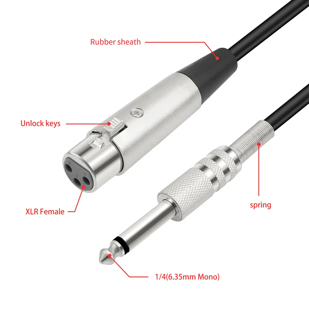 XLR Female To 1/4 (6.35mm) TS Mono Jack Mic Cord Braided XLR Female To 1/4 TS Cable Mic Audio Cable for Dynamic Microphone