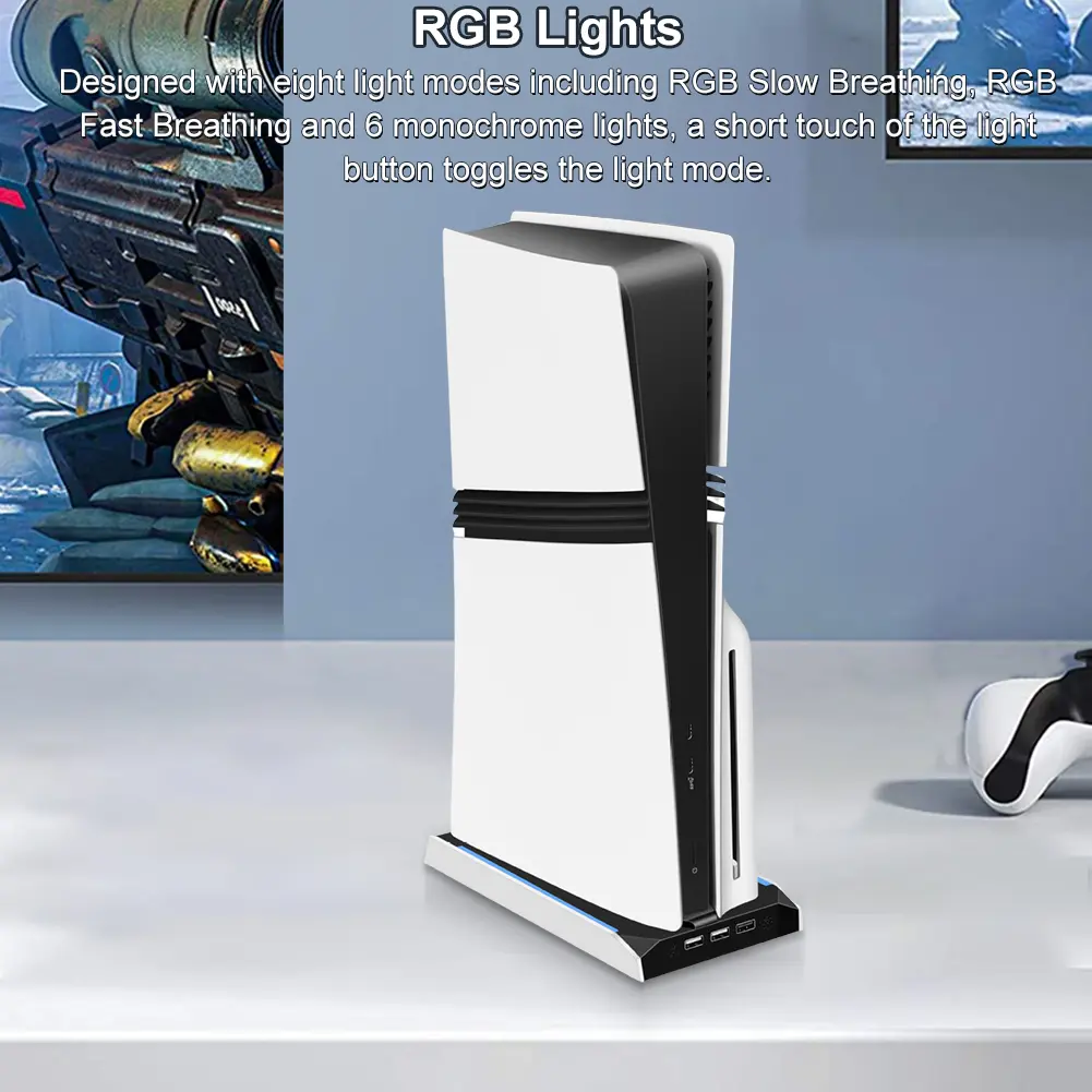 For PS 5 Slim/PS 5 Pro RGB Game Console Base Bracket with 3 USB 2.0 Ports 8 Light Mode W/ 3-Speed  Cooling Fan Game Accessories
