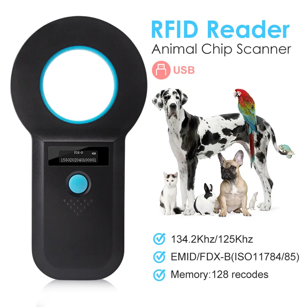 Handheld Animal RFID EMID Reader Rechargeable EMID FDX-B(ISO11784/85) Pet Chip ID Scanner Pet Tag Scanner for Cat Dog Pet Animal
