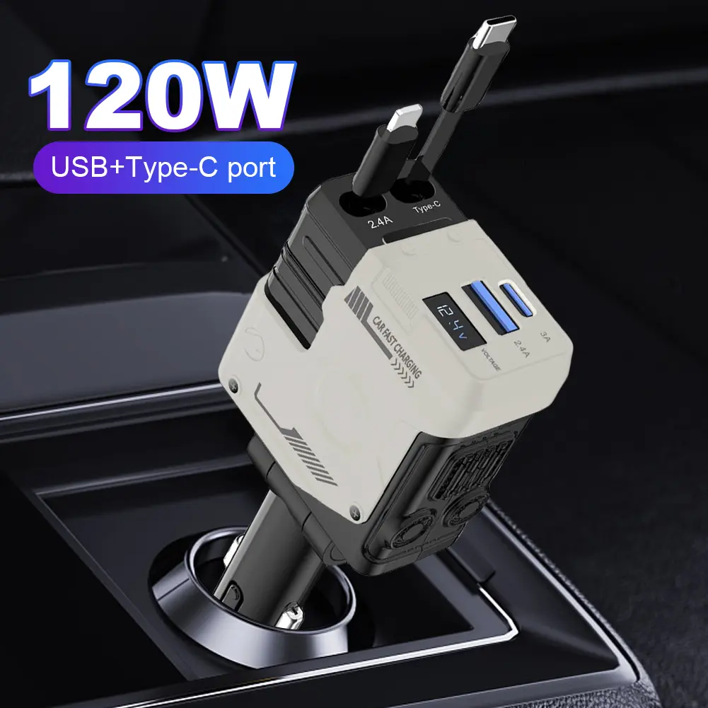4 in 1 Retractable Car Charger Super Fast Car Phone Charger USB C Car Charger Fast Charging Adapter for IPhone/Samsung/Huawei