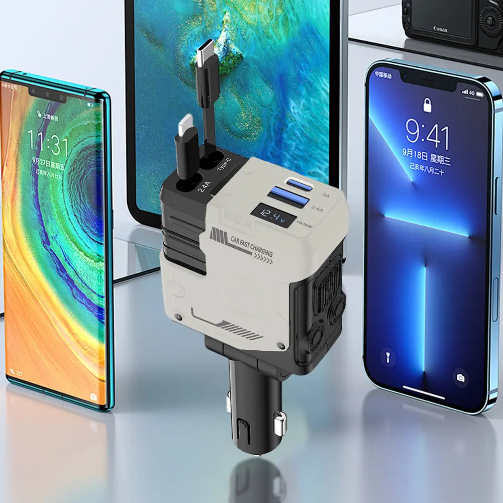 4 in 1 Retractable Car Charger Super Fast Car Phone Charger USB C Car Charger Fast Charging Adapter for IPhone/Samsung/Huawei