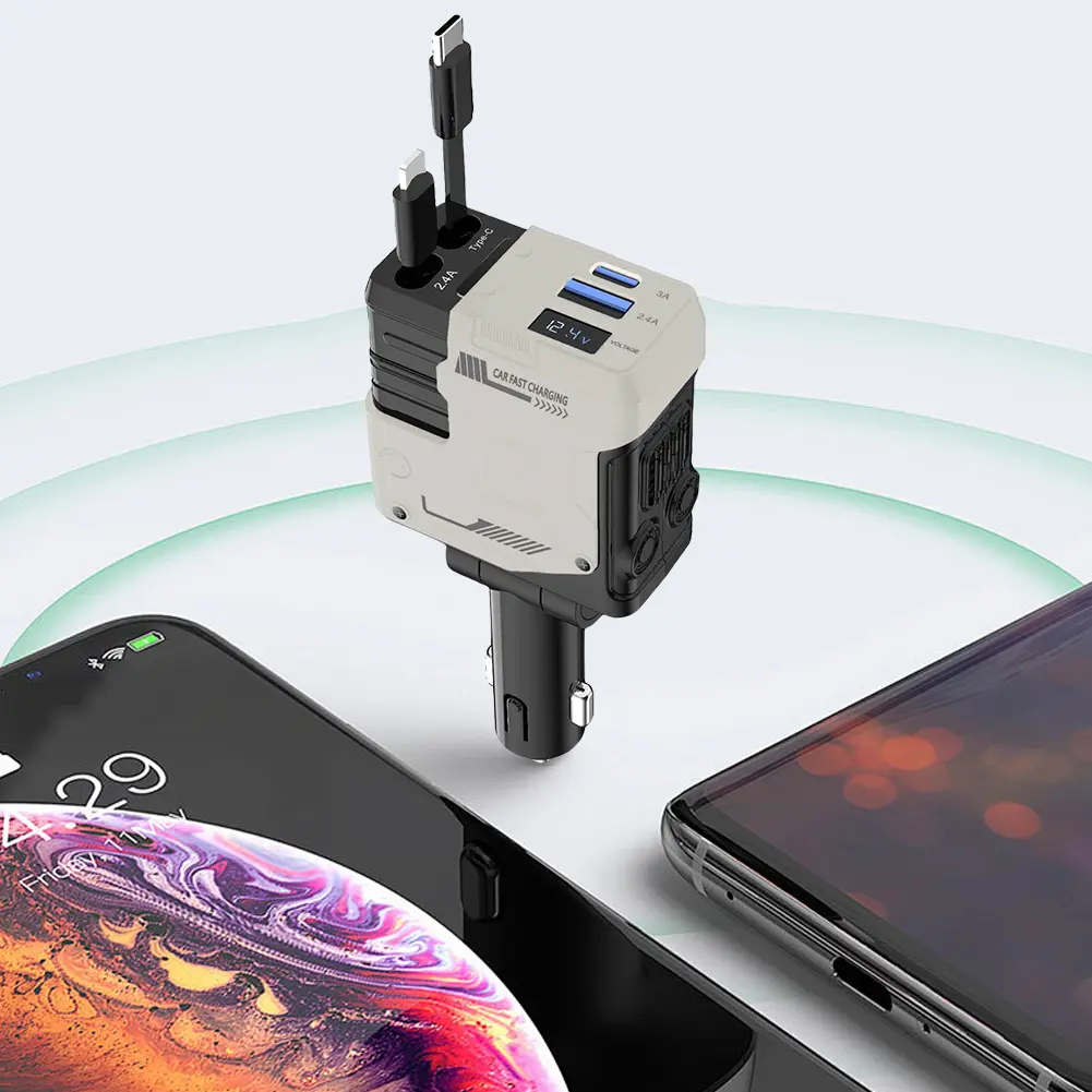 4 in 1 Retractable Car Charger Super Fast Car Phone Charger USB C Car Charger Fast Charging Adapter for IPhone/Samsung/Huawei