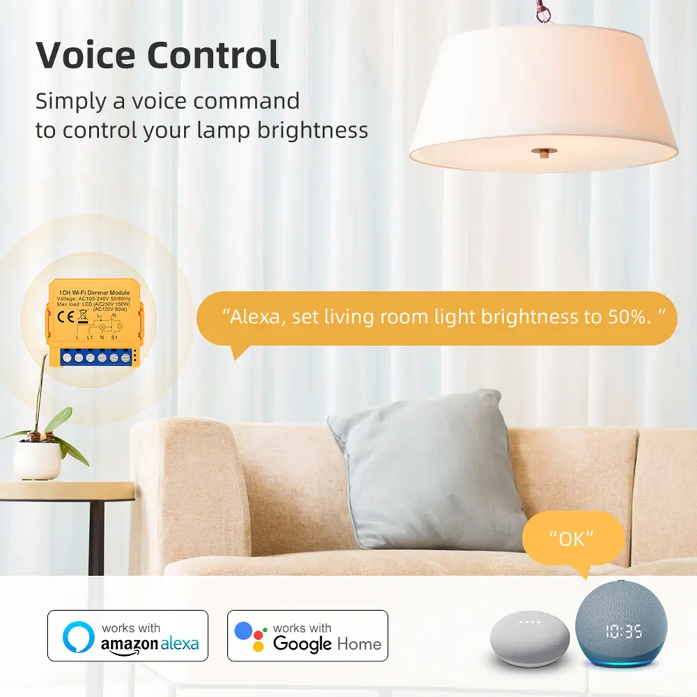 WiFi ZigBee Smart Dimmer Switch Module Works With Alexa Google Home 1/2 Gang Dimmable Light Switch Mini Smart Switch