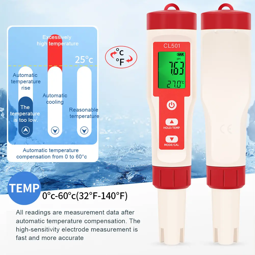 5 In 1 Digital Water Quality Tester Pen CL2 H2 ORP Temperature PH Meter for Swimming Pools Drinking Water Aquarium