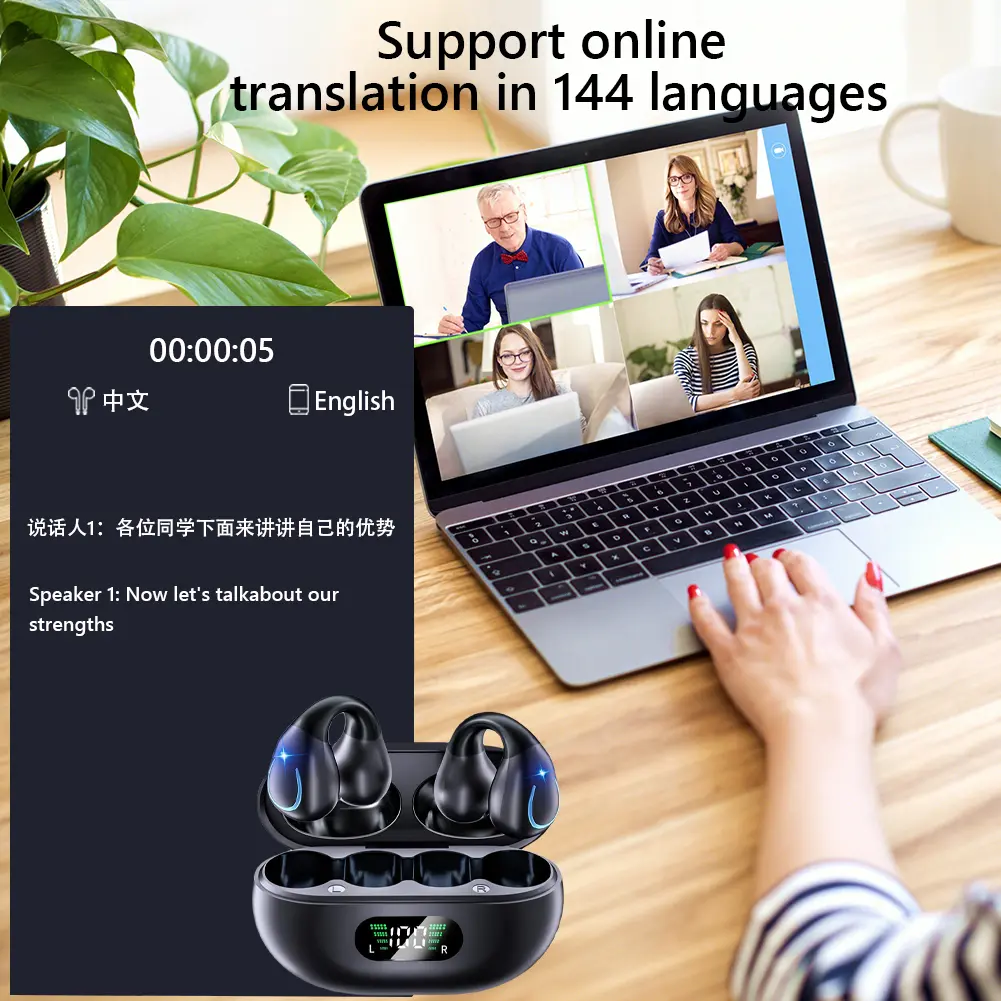 Bluetooth-Compatible Wireless Open-Ear Earbuds LED Digital Display Charging Case Running Headphones 144 Languages for Fitness