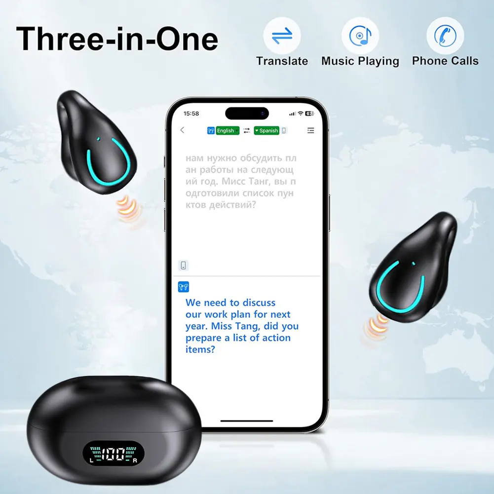 Bluetooth-Compatible Wireless Open-Ear Earbuds LED Digital Display Charging Case Running Headphones 144 Languages for Fitness