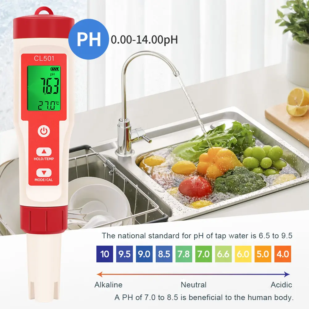 5-in-1 Digital Water Quality Tester PH CL2 H2 ORP Temperature Meter for Swimming Pools Drinking Water Aquarium