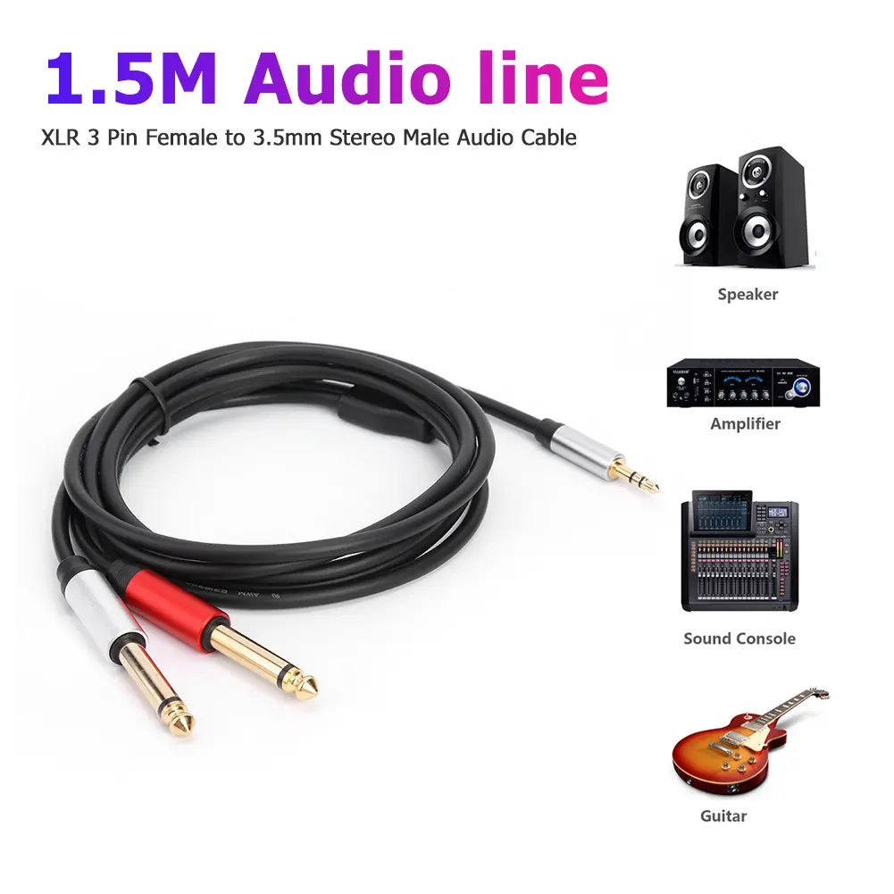 1.8m 3.5mm TRS To 6.35mm TS Adapter Audio Stereo Cable 3.5mm TRS To Dual 6.35mm TS Mono Audio Cord for Mixer Amplifier Speaker