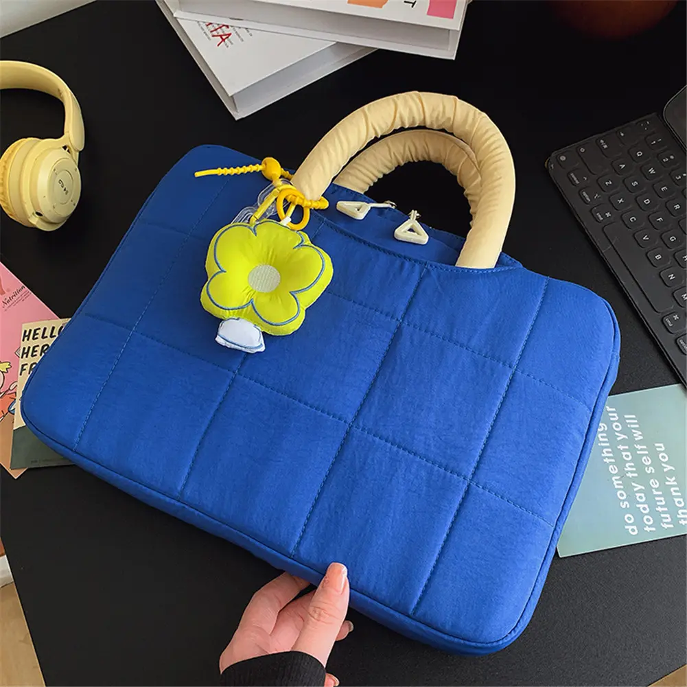 Fluffy Padded Bag Shockproof Quilted Laptop Handbag Contrast Color Trendy Nylon Laptop Sleeve Commute Work Study Bag