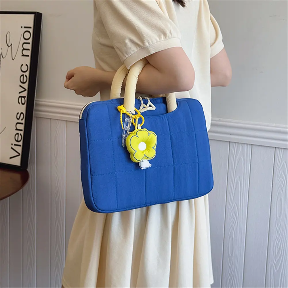 Fluffy Padded Bag Shockproof Quilted Laptop Handbag Contrast Color Trendy Nylon Laptop Sleeve Commute Work Study Bag