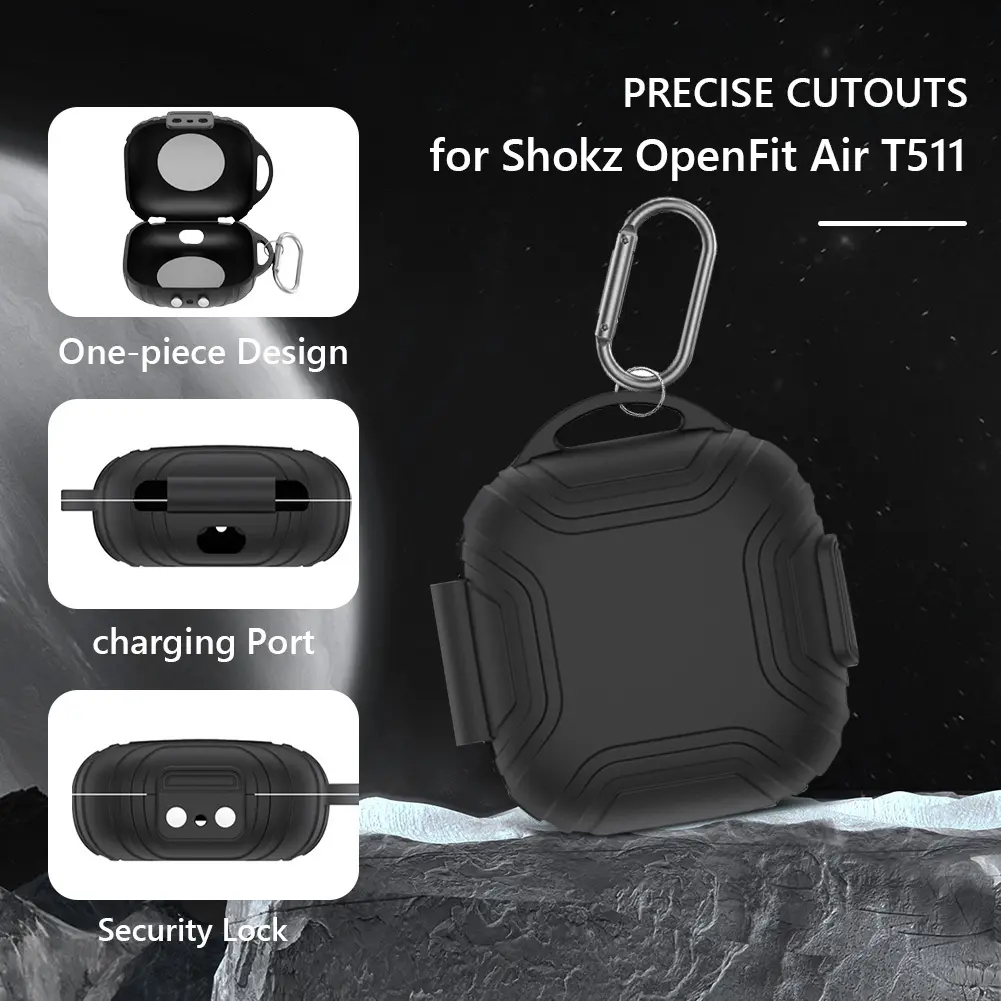 Silicone Case Cover Shockproof Headphones Charging Case Anti-Scratch with Carabiner for Shokz OpenFit Air T511 Wireless Earbuds