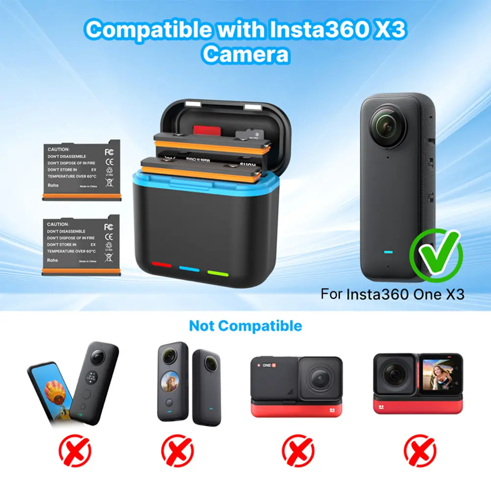 2-Channel Battery Charger with Misro SD Card Slots Storage Charging Box Fast Charging Charger for Insta360 X3 Camera
