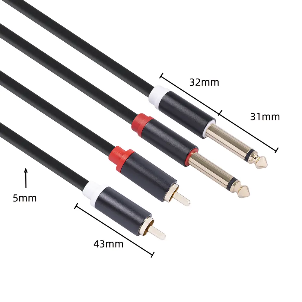 Speaker Audio Cable Gold-plated Plug Dual RCA Male to Dual 6.35mm Jack Male Audio Cable for Mixer Amplifier