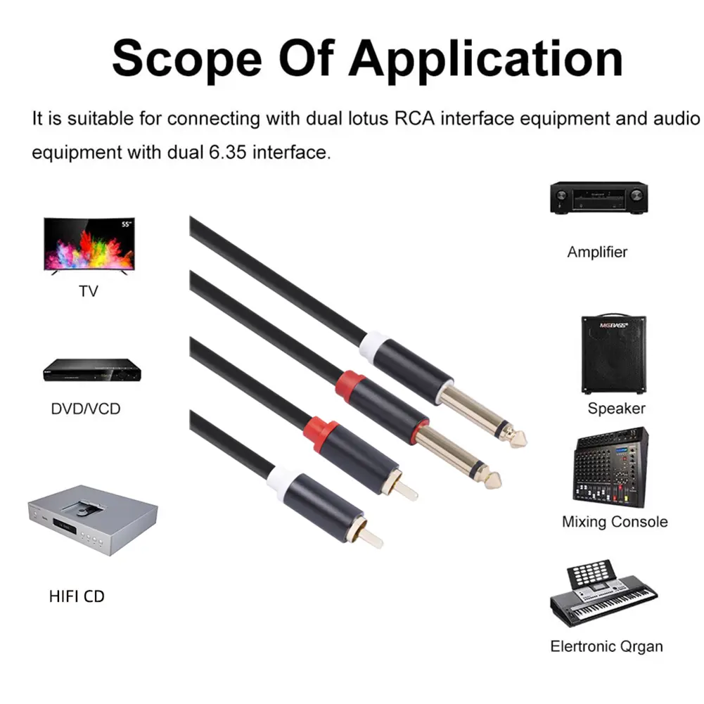 Speaker Audio Cable Gold-plated Plug Dual RCA Male to Dual 6.35mm Jack Male Audio Cable for Mixer Amplifier