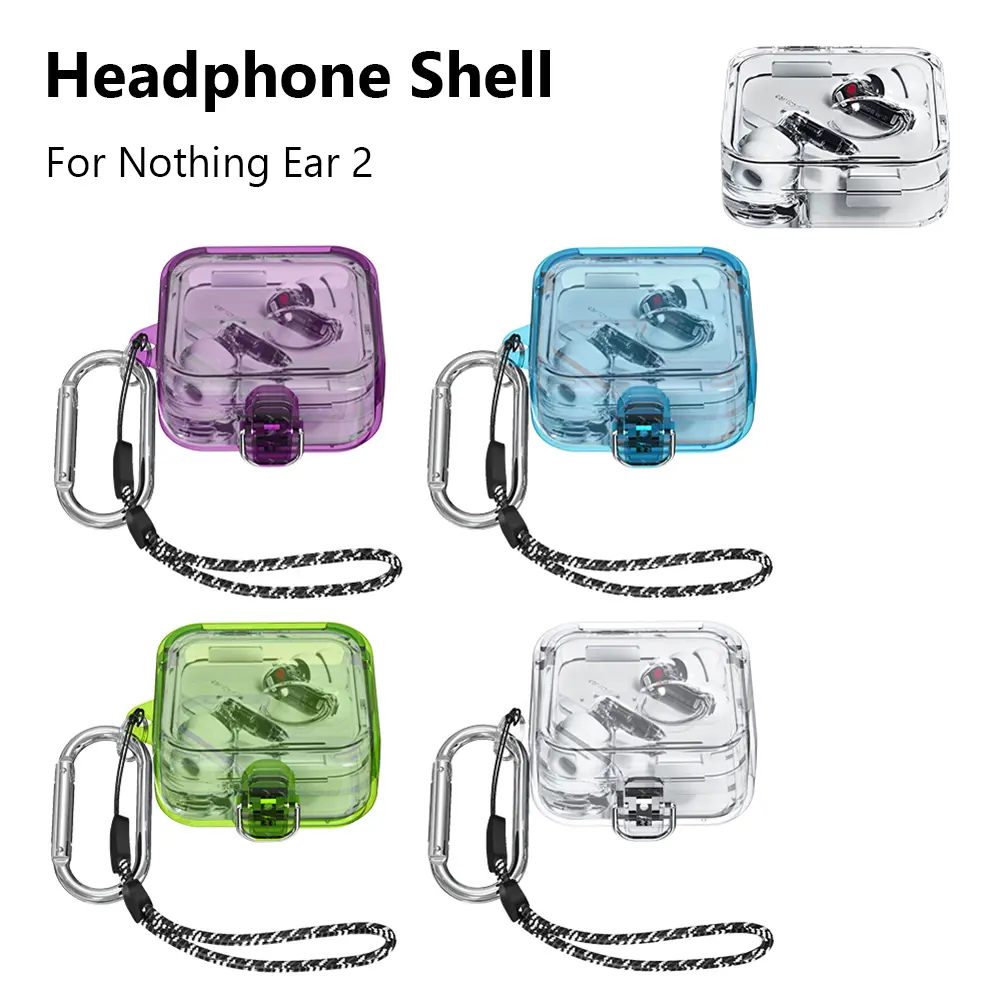 PC Protective Cover Clear Candy Color Earphone Sleeve With Lanyard Hook On-off Snap Waterproof Fall-protection for Nothing Ear 2