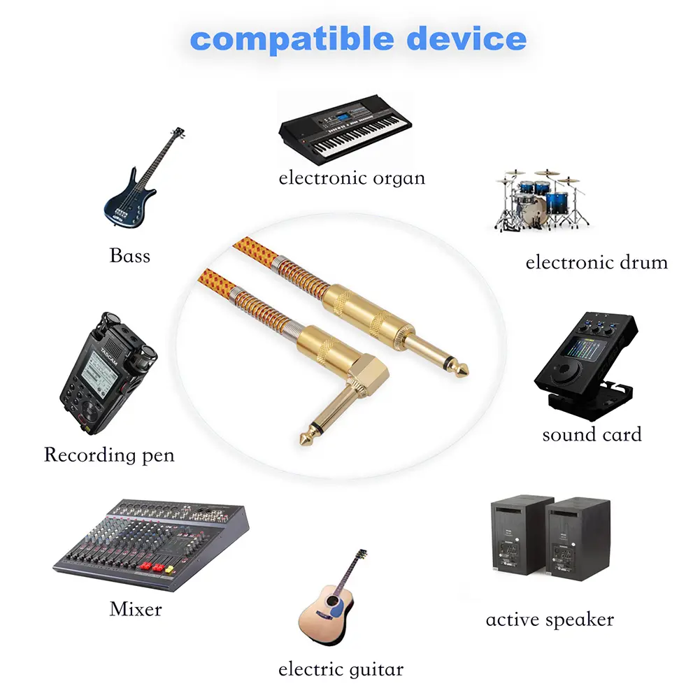 Gold-plated Connector Right Angle To Straight Guitar Cord Metal Shell for Electronic Keyboard Bass Guitar Instrument Cable