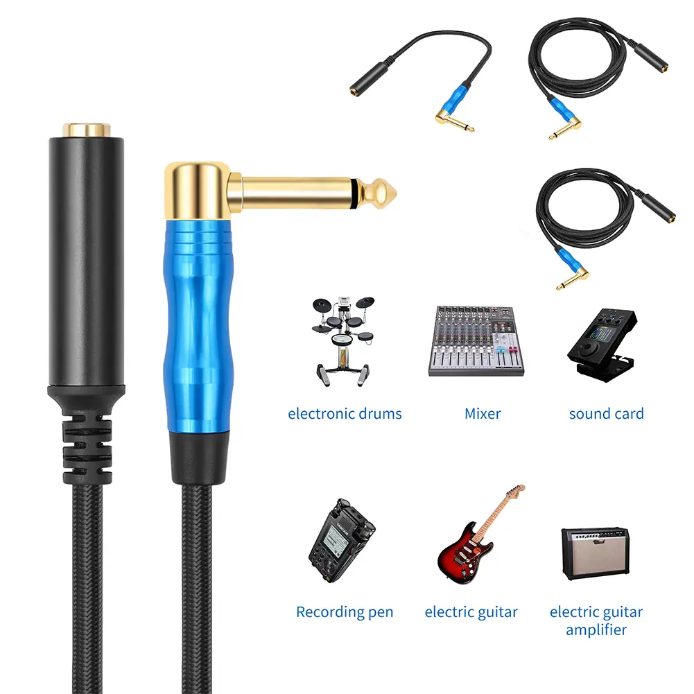 1/4 Inch Right Angle 6.35mm Male To Female Audio Extension Cord Aluminum Alloy Male To Female Audio Extension Cable for Guitars