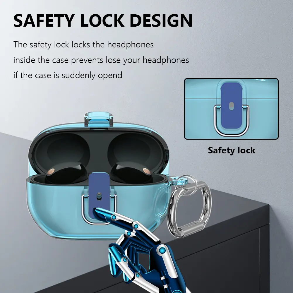 Secure Lock Clear Case Anti-drop Protective Cover Skin with Carabiner for Sony WF-1000XM5 (2023) Wireless Earbuds
