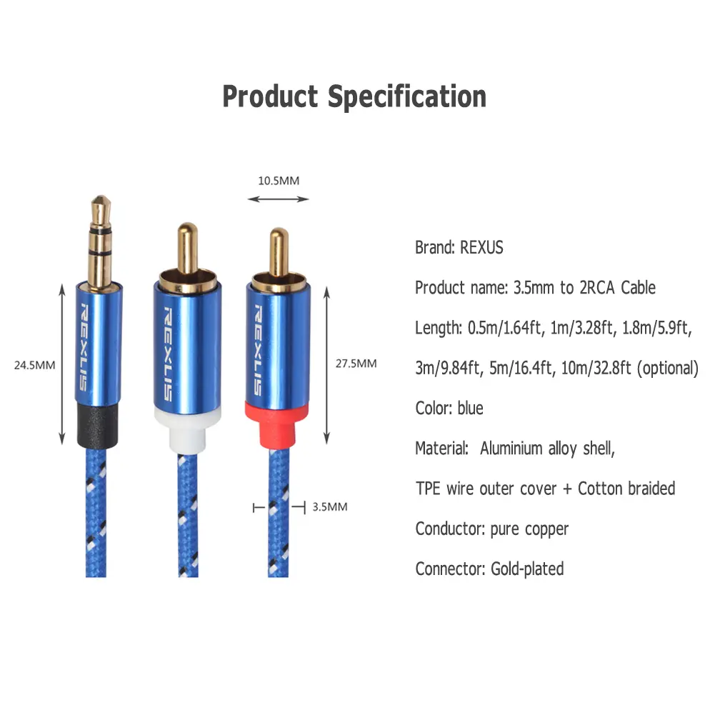 3.5mm Male to 2 RCA Male Aux Audio Cable Wire for Amplifier Phone Edifer