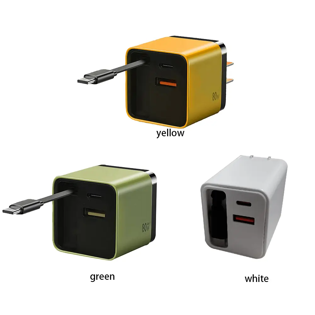 Scalable 80W Max Fast Charger Module with Type C Cable and 2 USB Ports Retractable Phone Charger Wall Plug Wall Charger