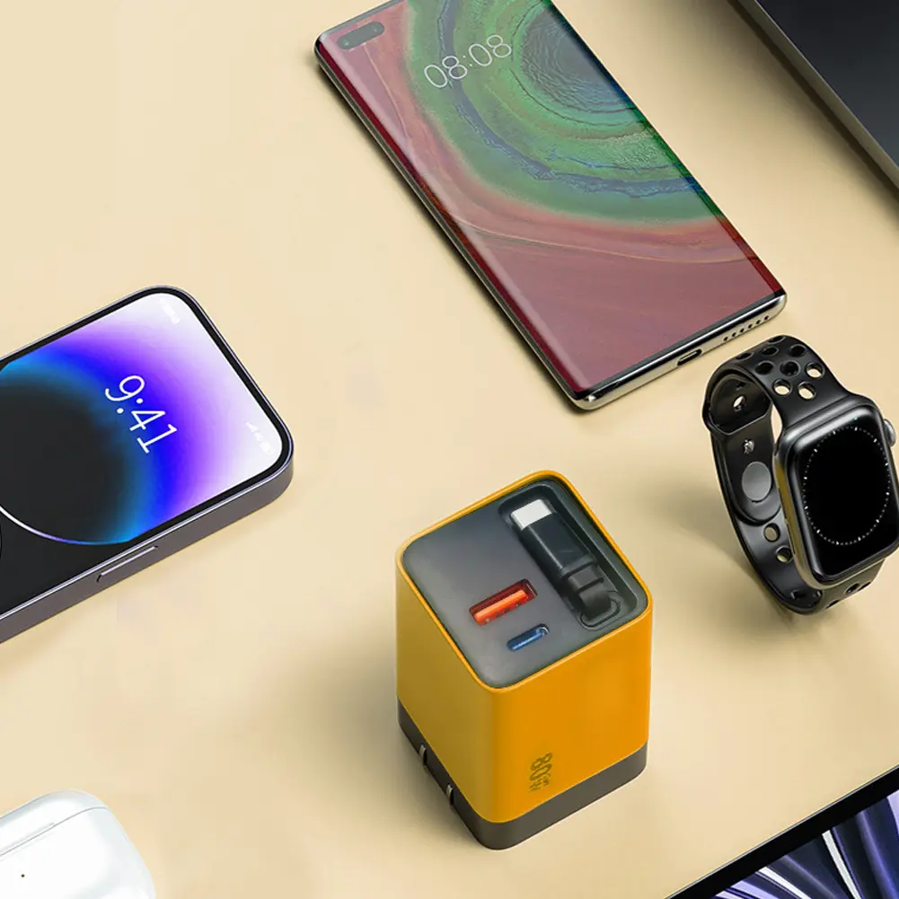 Scalable 80W Max Fast Charger Module with Type C Cable and 2 USB Ports Retractable Phone Charger Wall Plug Wall Charger